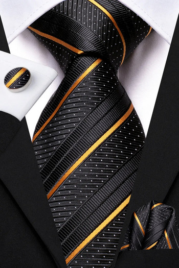 Μαύρο χρυσό ριγέ μεταξωτή γαμήλια γραβάτα για άντρες Δώρο ανδρική γραβάτα Handky μανικετόκουμπα Σετ μόδας για επαγγελματικό πάρτι Dropship Hi-Tie Design