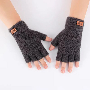 Ανδρικά χειμερινά γάντια χωρίς δάχτυλα Γραφείο γραψίματος με μισό δάχτυλο πλεκτό μαλλί αλπακά ζεστό δέρμα Ετικέτα χοντρά ελαστικά γάντια οδήγησης