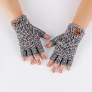 Ανδρικά χειμερινά γάντια χωρίς δάχτυλα Γραφείο γραψίματος με μισό δάχτυλο πλεκτό μαλλί αλπακά ζεστό δέρμα Ετικέτα χοντρά ελαστικά γάντια οδήγησης