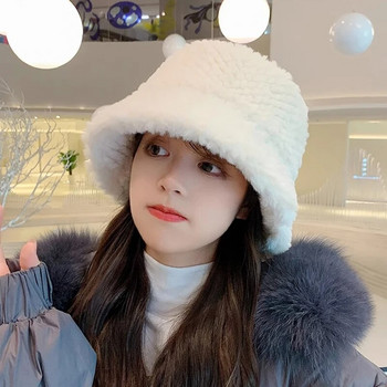 Καπέλο Winter Thicken ζεστό κουβά για γυναίκες Lady Soft Furry Faux Fur Fishermen Caps Παναμά Μασίφ χρώμα Αντιανεμικό βελούδινο καπέλο λεκάνης