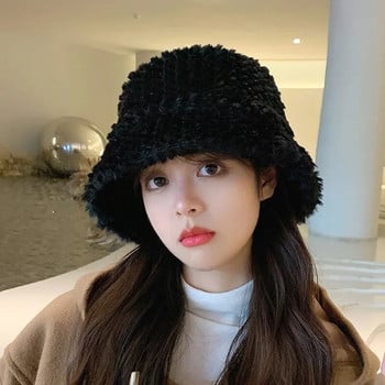 Καπέλο Winter Thicken ζεστό κουβά για γυναίκες Lady Soft Furry Faux Fur Fishermen Caps Παναμά Μασίφ χρώμα Αντιανεμικό βελούδινο καπέλο λεκάνης