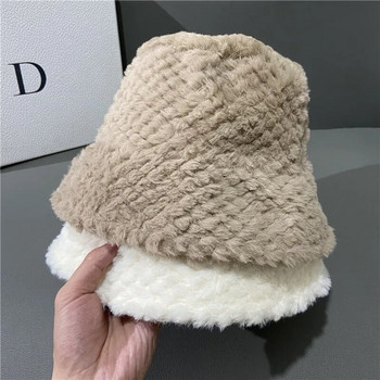 Καπέλο Winter Thicken ζεστό κουβά για γυναίκες Lady Soft Furry Faux Fur Fishermen Caps Παναμά Μασίφ χρώμα Αντιανεμικό βελούδινο καπέλο λεκάνης