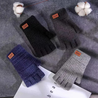 Mănuși de iarnă fără degete pentru bărbați, scris cu jumătate de deget, tricotate de birou, lână groasă, etichetă caldă, mănuși elastice groase pentru conducere în aer liber