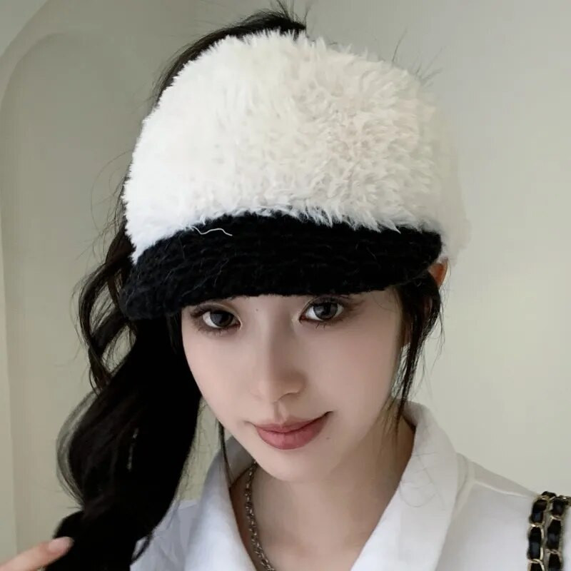 Šeširi sa šiltom za žene 2023. Modni dvobojni plišani pleteni šeširi Ženske vanjske zimske tople sportske bejzbolske kape s konjskim repom
