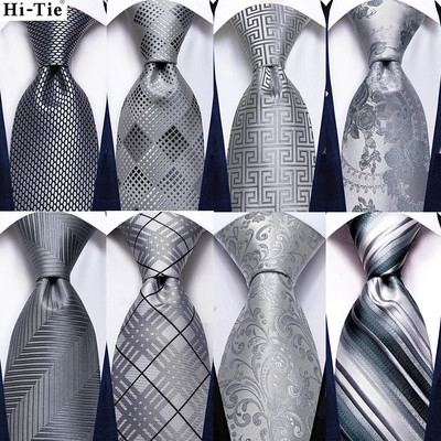 Hi-Tie Silver Solid Newty Designer Zīda kāzu kaklasaite Gravata vīriešiem Hanky aproču pogu komplekts Modes biznesa ballīte Dropshipping