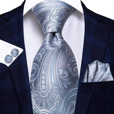 Hi-Tie Silver Solid Novelty Designer Silk Wedding Tie Gravata Gravata vyrams Hanky rankogalių segtukų rinkinys mados verslo vakarėlis Dropshipping