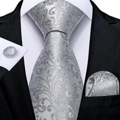 Hi-Tie Silver Solid Novelty Designer Silk Wedding Tie Gravata Gravata vyrams Hanky rankogalių segtukų rinkinys mados verslo vakarėlis Dropshipping
