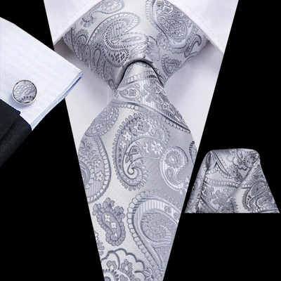 Hi-Tie Silver Solid Novelty Designer Silk Wedding Tie Gravata Gravata vyrams Hanky rankogalių segtukų rinkinys mados verslo vakarėlis Dropshipping
