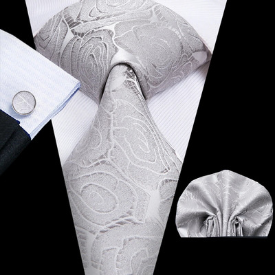 Hi-Tie Silver Solid Novelty Designer Silk Wedding Tie Gravata Gravata vyrams Hanky rankogalių segtukų rinkinys mados verslo vakarėlis Dropshipping
