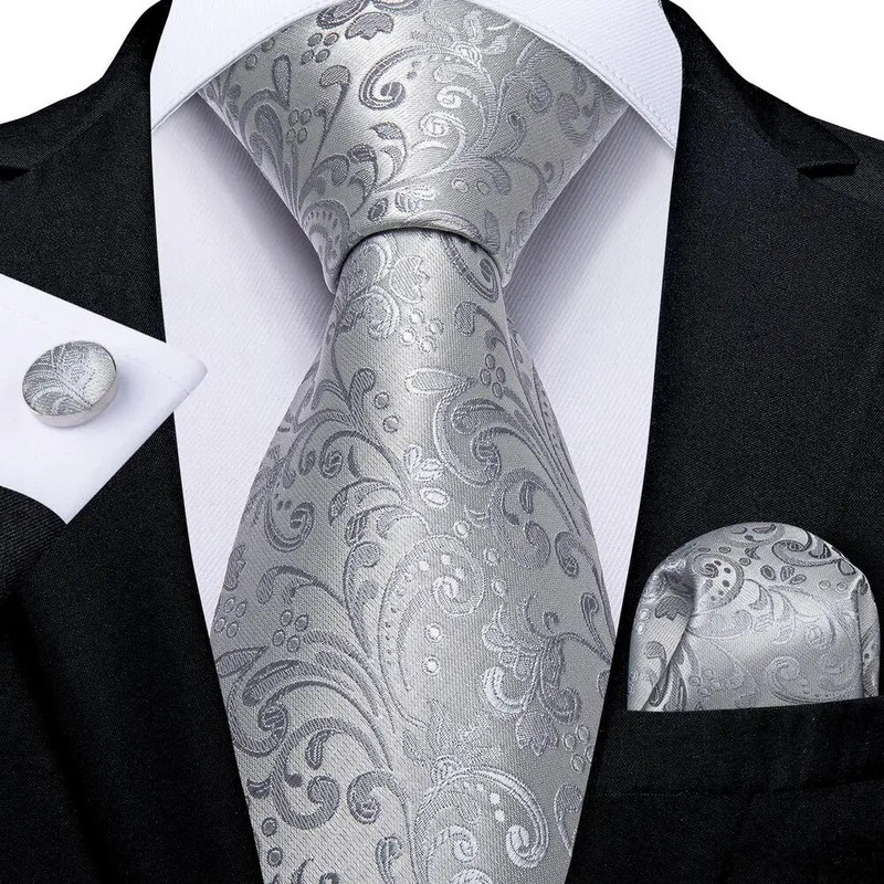 Hi-Tie Silver Solid Novelty Designer Silk Wedding Tie Gravata Gravata vyrams Hanky rankogalių segtukų rinkinys mados verslo vakarėlis Dropshipping