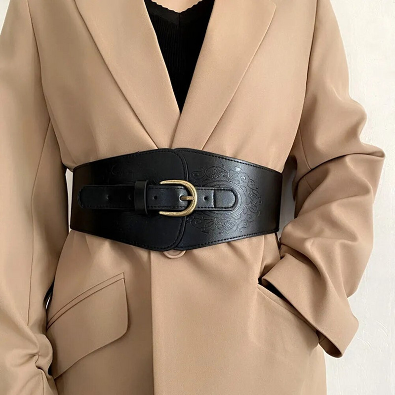 Vintage sieviešu mākslīgās ādas sprādze, elastīga, plata jostas siksna vienkrāsaina vidukļa korsetes sprādze apģērbu aksesuāriem