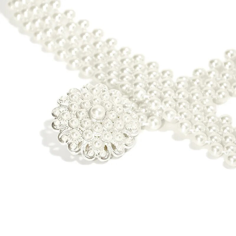 Eiropa un Amerikas Savienotās Valstis Pērļu jostas meitenes pērļu ziedu kalnu kristāla rotājums elastīga jostasvietas ķēde ar baltu kleitu