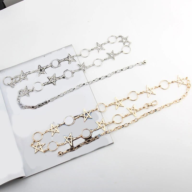 Ķēdes josta Sieviešu Josta Viduklis Ķēdes Apģērbi Josta Zelta Sudraba Kleita Vidukļa Ķēde Šaura Metāla Ķēde Garš Pušķis Zvaigznes Pentagramma