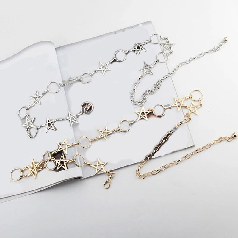 Ķēdes josta Sieviešu Josta Viduklis Ķēdes Apģērbi Josta Zelta Sudraba Kleita Vidukļa Ķēde Šaura Metāla Ķēde Garš Pušķis Zvaigznes Pentagramma