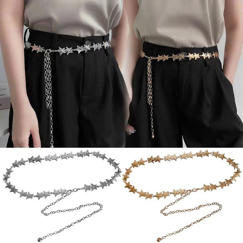 Ķēdes josta Sieviešu Josta Viduklis Ķēdes Apģērbi Josta Zelta Sudraba Kleita Vidukļa Ķēde Šaura Metāla Ķēde Garš Pušķis Zvaigznes Pentagramma