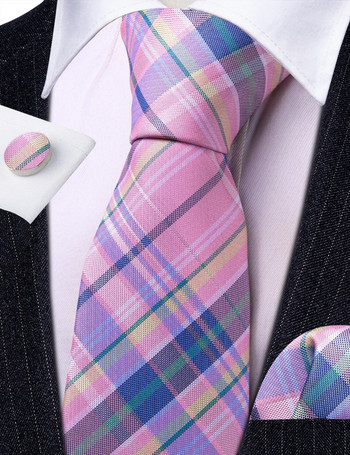 Barry.Wang Ροζ καρό γραβάτες με τετράγωνα μανικετόκουμπα τσέπης Σετ Κλασική μεταξωτή γραβάτα Γάμος επαγγελματικό πάρτι Σχεδιαστής γενεθλίων 6525