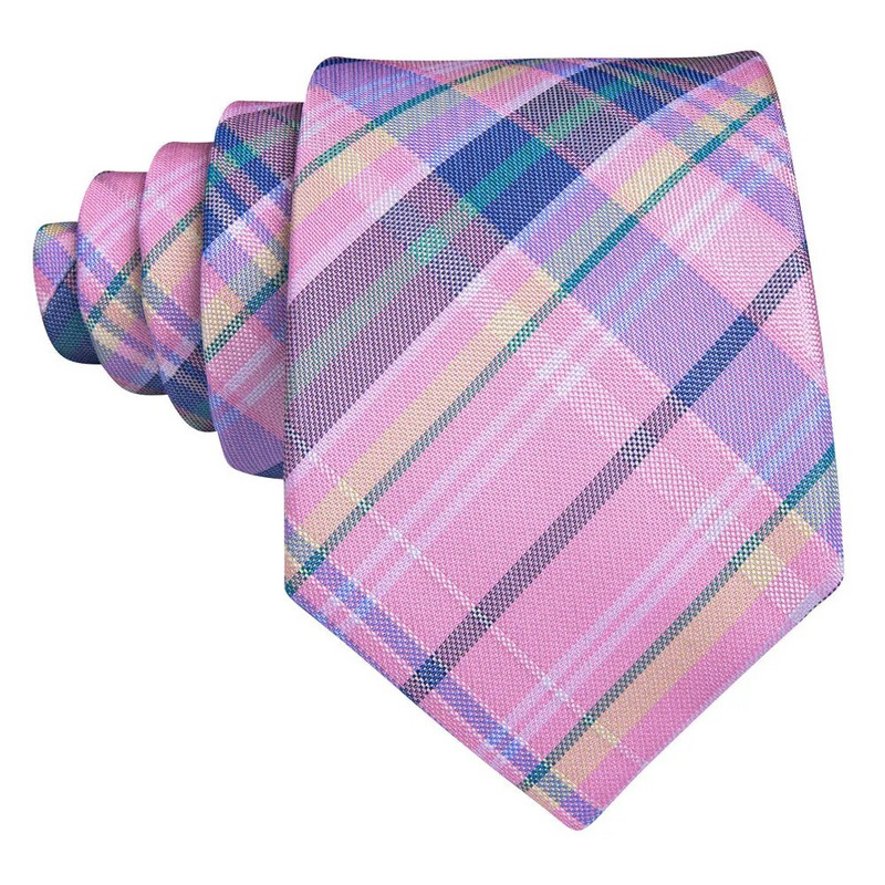 Barry.Wang Ružičaste karirane kravate s džepnim četvrtastim dugmadima za manžete Set Klasična svilena kravata Vjenčanje Poslovna zabava Rođendanski dizajner 6525