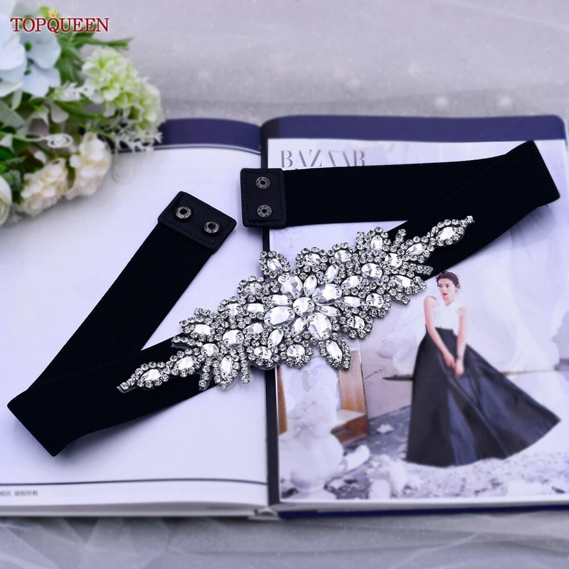 TOPQUEEN S01-B moodne strassikivist vööga naiste läikiv must elastne vöökleit, veniv vöökoht, vööga, pruudi pulmatarvikud
