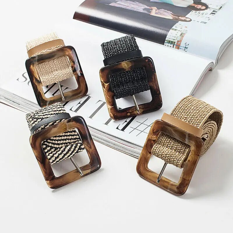 Ženski remen Slamnati ležerni ultra široki remen Ženski tkani vintage izrezbarena drvena kopča Elastični remen Dekoracija Haljina košulja Brtva oko struka