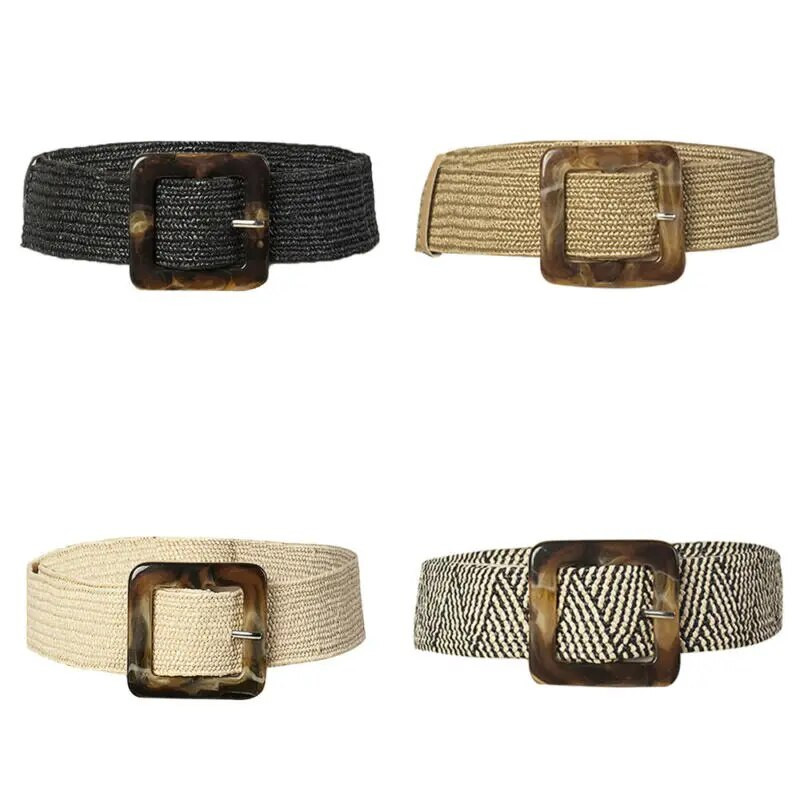 Ženski remen Slamnati ležerni ultra široki remen Ženski tkani vintage izrezbarena drvena kopča Elastični remen Dekoracija Haljina košulja Brtva oko struka