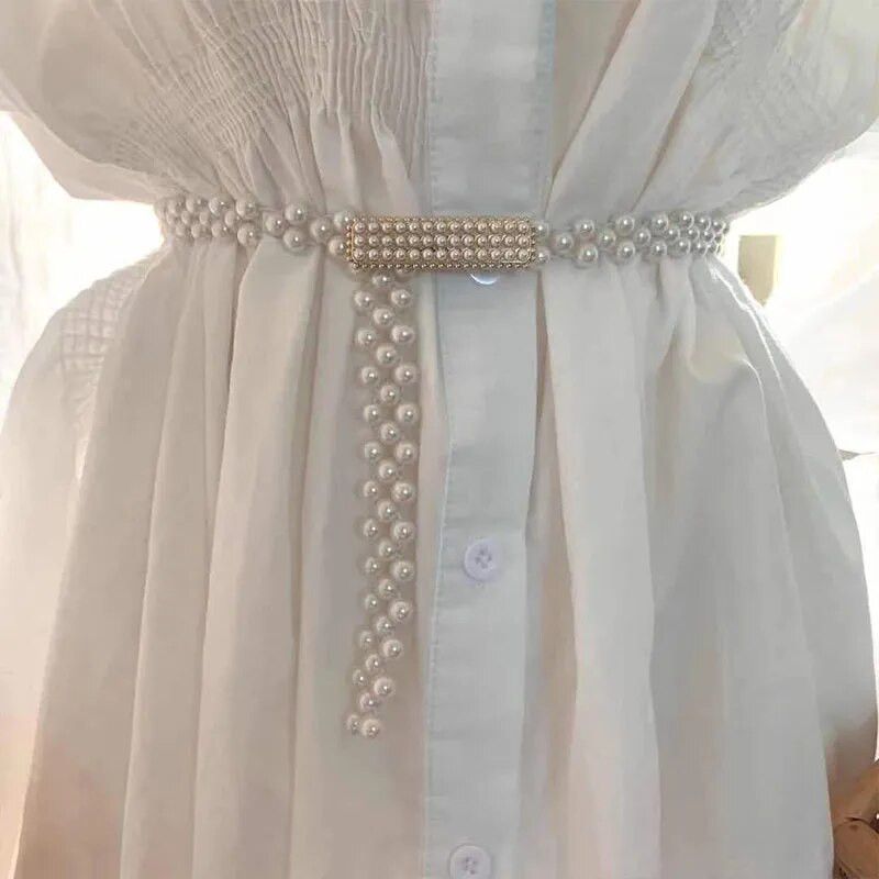 Elegantni biserni ženski remen Luksuzni dizajn Podesiva metalna kopča Lanac za zapešće Ženska haljina Odjeća Ukrasni pojas Nakit