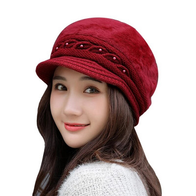 Ziemas jauna pīķa cepure Sieviešu termiskā pērļu trikotāžas cepure Vēja necaurlaidīga vienkrāsaina ausu aizbāžņi Cepure Rudens sieviešu beretes cepure