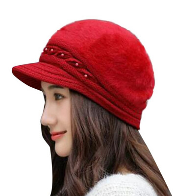 Ziemas jauna pīķa cepure Sieviešu termiskā pērļu trikotāžas cepure Vēja necaurlaidīga vienkrāsaina ausu aizbāžņi Cepure Rudens sieviešu beretes cepure