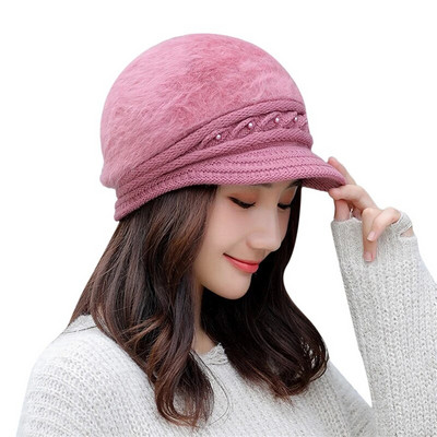 Ziemas jauna pīķa cepure Sieviešu termiskā pērļu trikotāžas cepure Vēja necaurlaidīga vienkrāsaina ausu aizbāžņi Cepure Rudens sieviešu beretes cepure