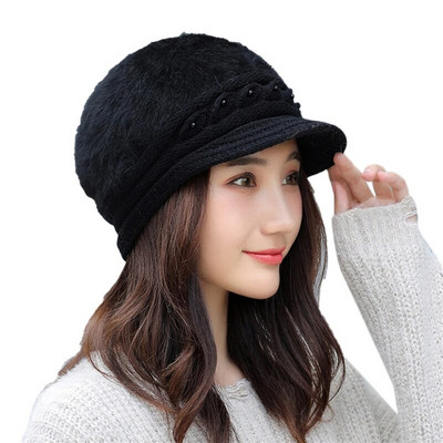 Ziemas jauna pīķa cepure Sieviešu termiskā pērļu trikotāžas cepure Vēja necaurlaidīga vienkrāsaina ausu aizbāžņi Cepure Rudens sieviešu beretes cepure