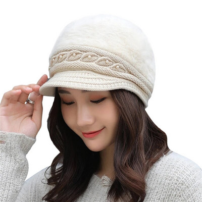 Ziemas jauna pīķa cepure Sieviešu termiskā pērļu trikotāžas cepure Vēja necaurlaidīga vienkrāsaina ausu aizbāžņi Cepure Rudens sieviešu beretes cepure
