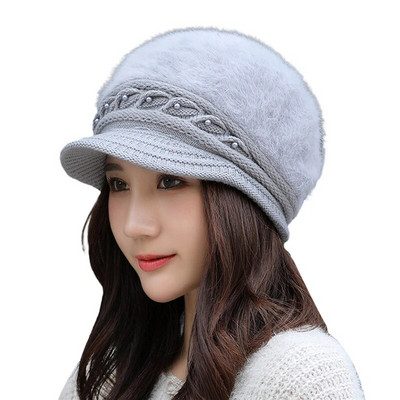 Ziemas jauna pīķa cepure Sieviešu termiskā pērļu trikotāžas cepure Vēja necaurlaidīga vienkrāsaina ausu aizbāžņi Cepure Rudens sieviešu beretes cepure