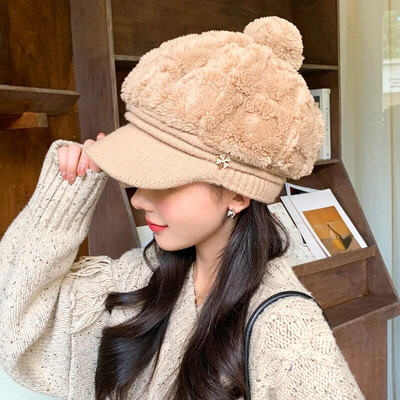 2023 m. Nauja pliušinė pūkuota beisbolo kepurė moterims šiltoms megztoms kepuraitėms žiemai sustorintos lauko vėjui atsparios beretės Elegantiška anties liežuvio kepurė