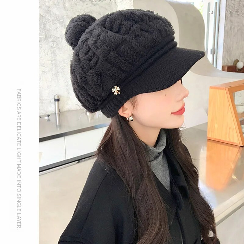 2023 m. Nauja pliušinė pūkuota beisbolo kepurė moterims šiltoms megztoms kepuraitėms žiemai sustorintos lauko vėjui atsparios beretės Elegantiška anties liežuvio kepurė