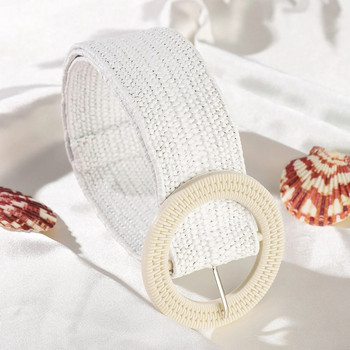 Boho Design Квадратна катарама Еластични плетени колани за жени Летен едноцветен сламен колан Дамски ваканционен аксесоар с широка талия