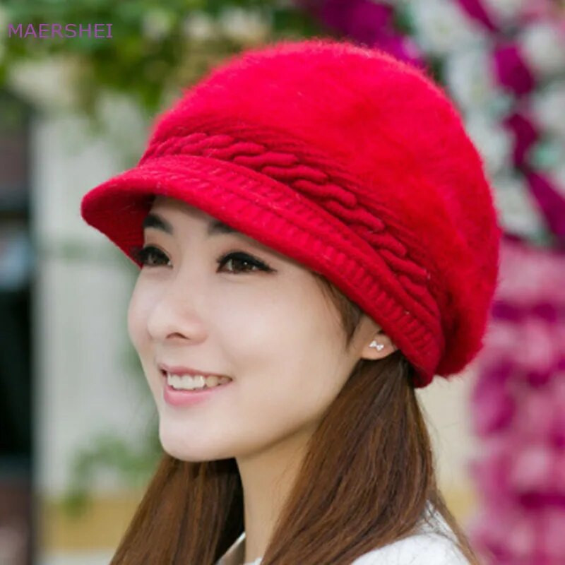MAERSHEI Žieminė kepurė moteriška korėjietiška triušio kailio kepuraitė mergaičių mados baltos ančių beretės šilta mezgimo kepurė