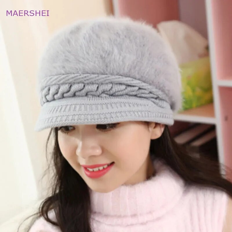 MAERSHEI Žieminė kepurė moteriška korėjietiška triušio kailio kepuraitė mergaičių mados baltos ančių beretės šilta mezgimo kepurė