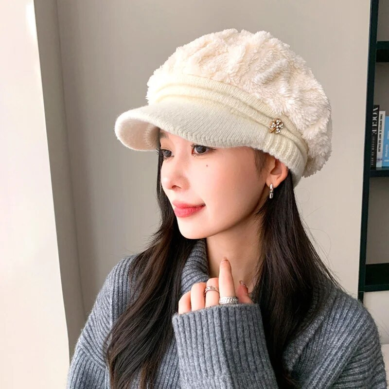 2023 Nova plišana pahuljasta bejzbol kapa za žene Tople pletene kape Zimske zadebljane vanjske beretke otporne na vjetar Elegantna kapa s pačjim jezikom