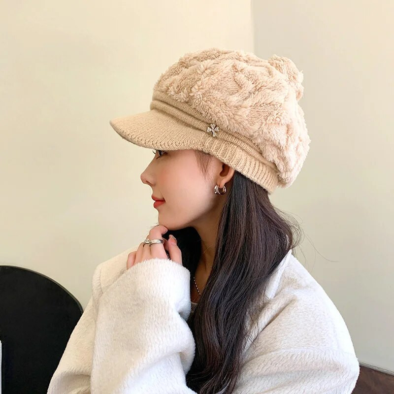 2023 Nova plišana pahuljasta bejzbol kapa za žene Tople pletene kape Zimske zadebljane vanjske beretke otporne na vjetar Elegantna kapa s pačjim jezikom
