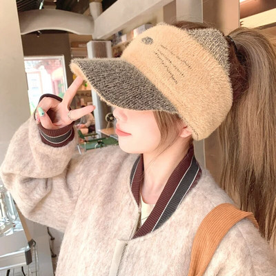 Korejiešu trikotāžas vilnas smailes cepure Y2K izšūta kaķa auss beisbola cepures āra riteņbraukšanas sporta zirgastes turētājs gadījuma tukša cilindra cepure