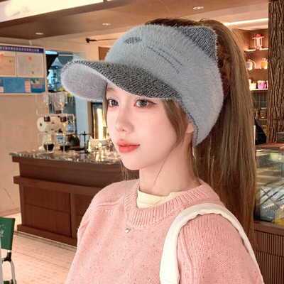 Korejiešu trikotāžas vilnas smailes cepure Y2K izšūta kaķa auss beisbola cepures āra riteņbraukšanas sporta zirgastes turētājs gadījuma tukša cilindra cepure