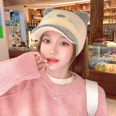 Korejiešu trikotāžas vilnas smailes cepure Y2K izšūta kaķa auss beisbola cepures āra riteņbraukšanas sporta zirgastes turētājs gadījuma tukša cilindra cepure