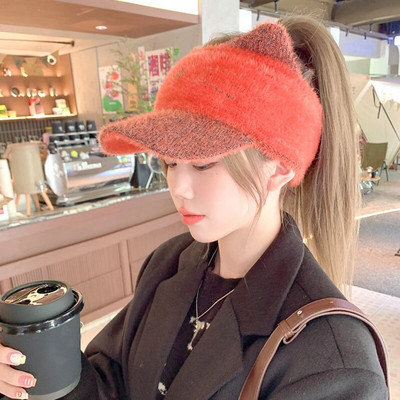 Korejiešu trikotāžas vilnas smailes cepure Y2K izšūta kaķa auss beisbola cepures āra riteņbraukšanas sporta zirgastes turētājs gadījuma tukša cilindra cepure