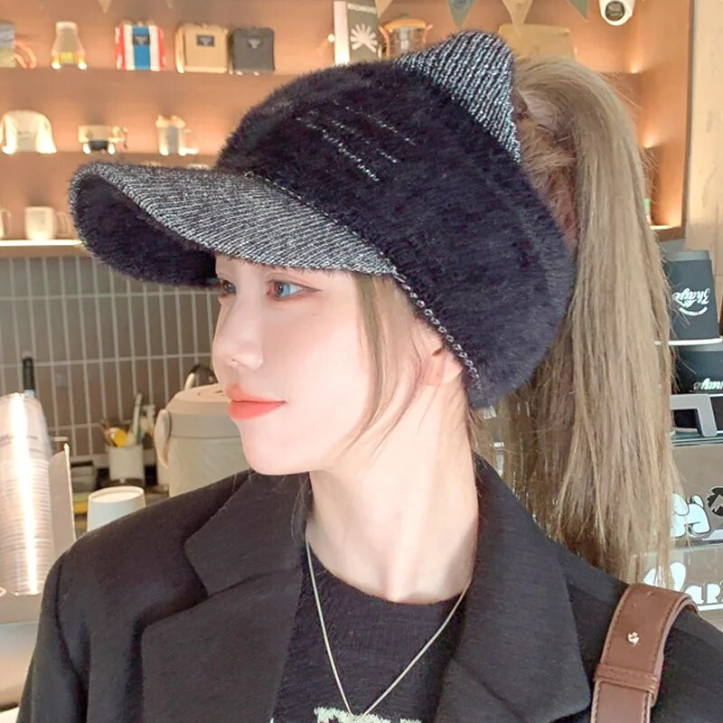 Korejiešu trikotāžas vilnas smailes cepure Y2K izšūta kaķa auss beisbola cepures āra riteņbraukšanas sporta zirgastes turētājs gadījuma tukša cilindra cepure