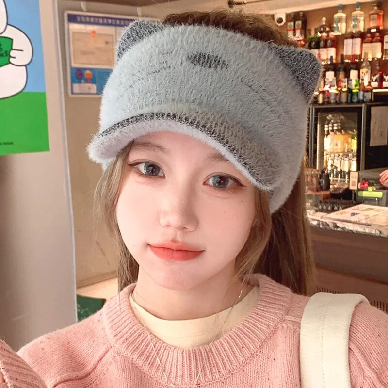 Korejiešu trikotāžas vilnas smailes cepure Y2K izšūta kaķa auss beisbola cepures āra riteņbraukšanas sporta zirgastes turētājs gadījuma tukša cilindra cepure