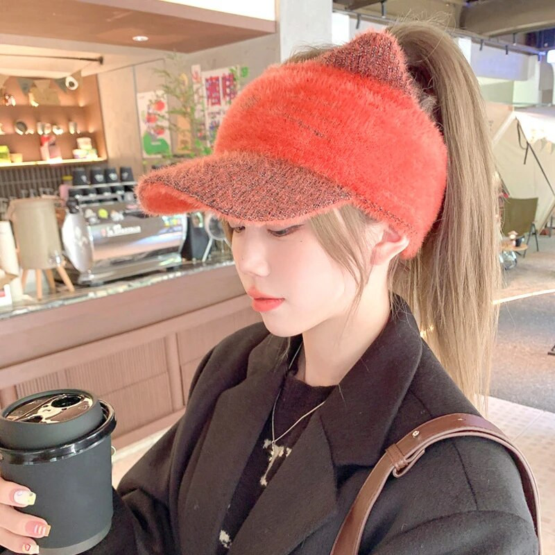 Korejiešu trikotāžas vilnas smailes cepure Y2K izšūta kaķa auss beisbola cepures āra riteņbraukšanas sporta zirgastes turētājs gadījuma tukša cilindra cepure