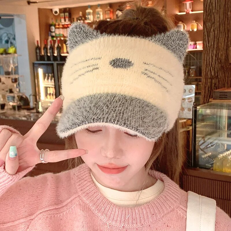 Korejiešu trikotāžas vilnas smailes cepure Y2K izšūta kaķa auss beisbola cepures āra riteņbraukšanas sporta zirgastes turētājs gadījuma tukša cilindra cepure