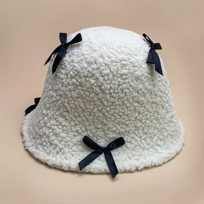 Bow Solid Cute Bucket Cepures Kokvilnas Siltas Jaunas Sieviešu Modes Rudens un Ziemas Granulēts Samts Korejiešu Ērti Daudzpusīgi Eleganti