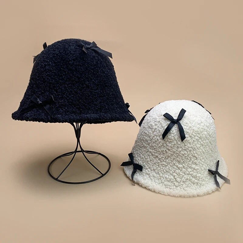 Bow Solid Cute Bucket Cepures Kokvilnas Siltas Jaunas Sieviešu Modes Rudens un Ziemas Granulēts Samts Korejiešu Ērti Daudzpusīgi Eleganti