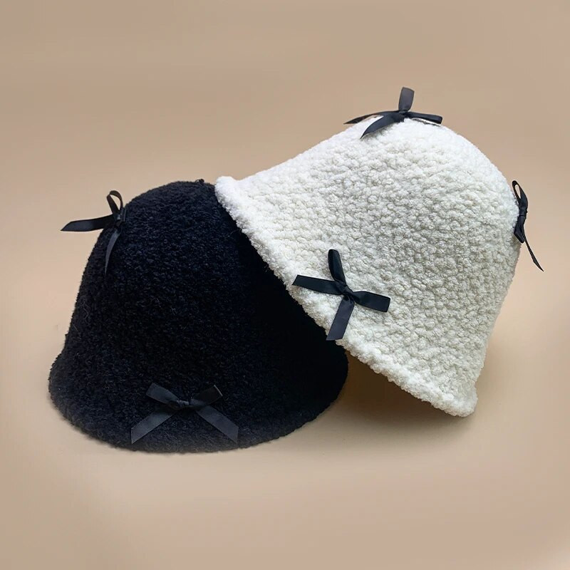 Bow Solid Cute Bucket Cepures Kokvilnas Siltas Jaunas Sieviešu Modes Rudens un Ziemas Granulēts Samts Korejiešu Ērti Daudzpusīgi Eleganti