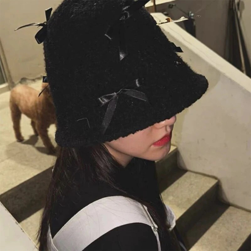 Bow Solid Cute Bucket Cepures Kokvilnas Siltas Jaunas Sieviešu Modes Rudens un Ziemas Granulēts Samts Korejiešu Ērti Daudzpusīgi Eleganti